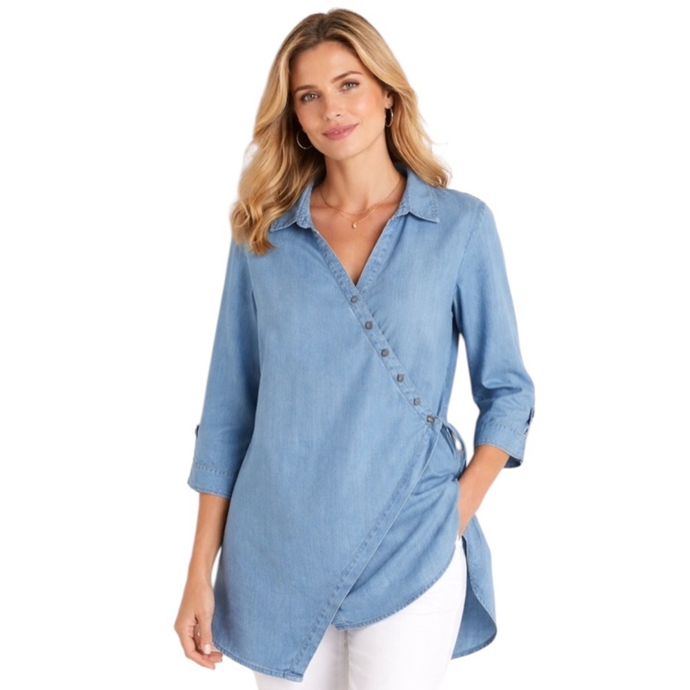 Soft Surroundings Chambray Tunic Medium Asymmetrical Buttons Wrap Top Lagenlook